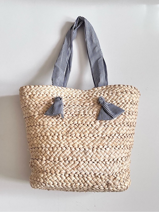 Tjmax Handbags - Woven Straw Tote with Navy Stripe Handles Summer Bucket Bag